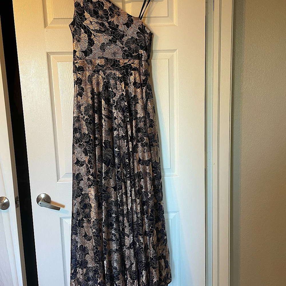 Shimmering metalic off the shoulder formal gown